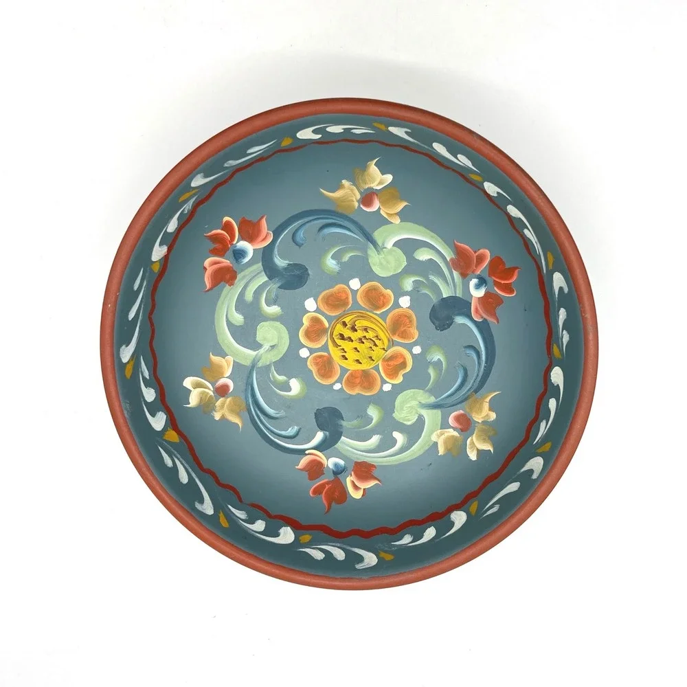 Vintage Rosemaling Hand Painted Wooden Bowl Teal Blue Scandinavian‎ Folk Art 8in